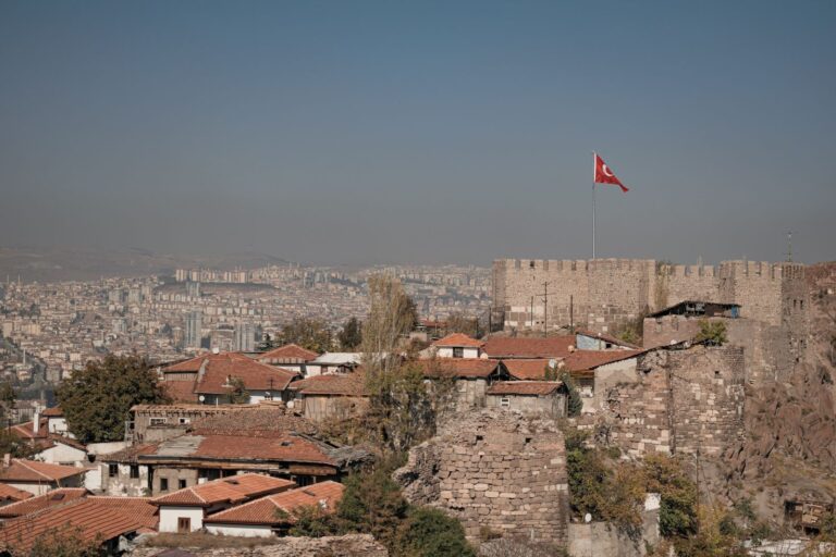 Ankara Kalesi surları, Türk bayrağı ve şehir manzarası