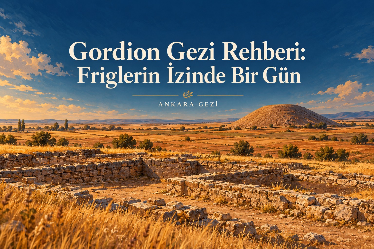 Gordion Gezi Rehberi: Friglerin İzinde Bir Gün başlıklı temsili arkeolojik alan illüstrasyonu